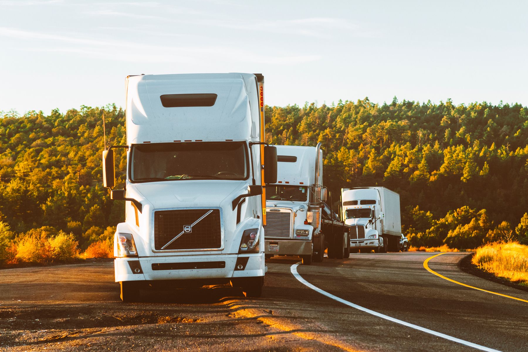 Freight trucks on a highway at golden hour
